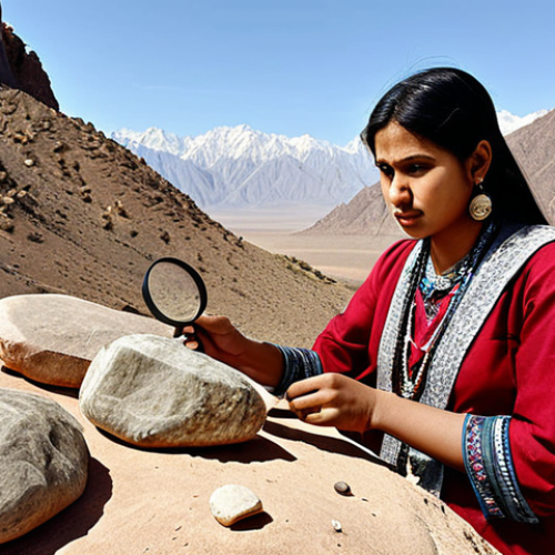 Home 4 **Geologist Analyzing Rocks:** A female geologist with traditional South Asian attire examining rock formations with a magnifying glass, in a desert landscape with mountains in the background.