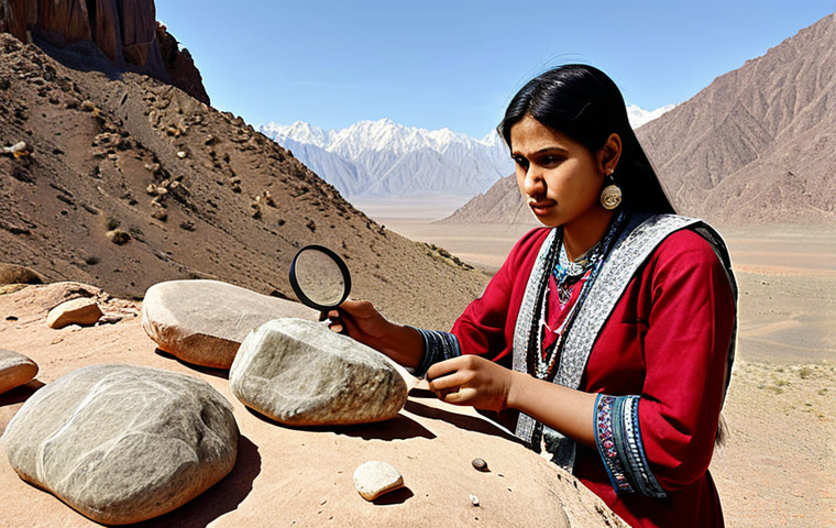**Geologist Analyzing Rocks:** A female geologist with traditional South Asian attire examining rock formations with a magnifying glass, in a desert landscape with mountains in the background.