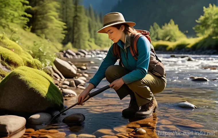 지구과학자 실습 현장 경험 공유 - **Prompt:** A determined female earth scientist in her mid-30s, wearing practical hiking gear includ...