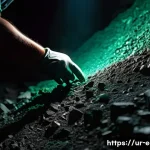 지구과학자 현장 경험 - **"A geologist's gloved hand gently brushes away loose soil and sediment from a dark, rough rock fac...