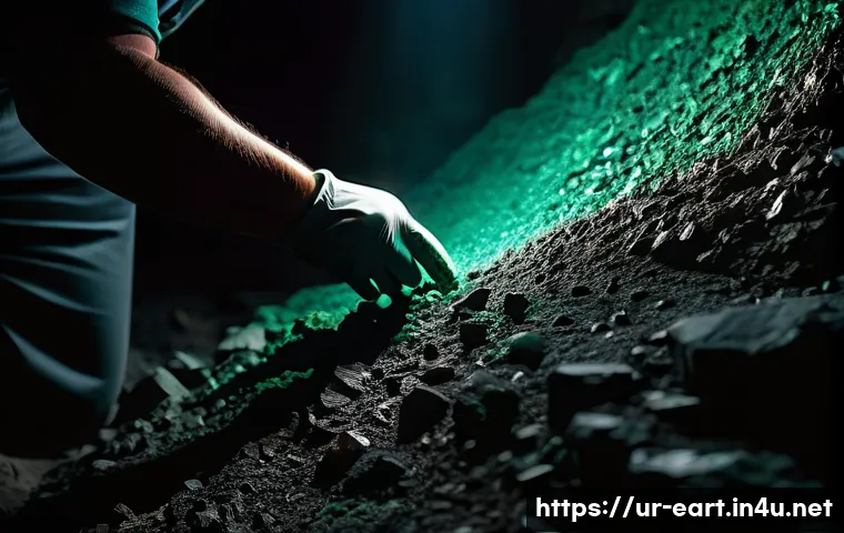 지구과학자 현장 경험 - **"A geologist's gloved hand gently brushes away loose soil and sediment from a dark, rough rock fac...